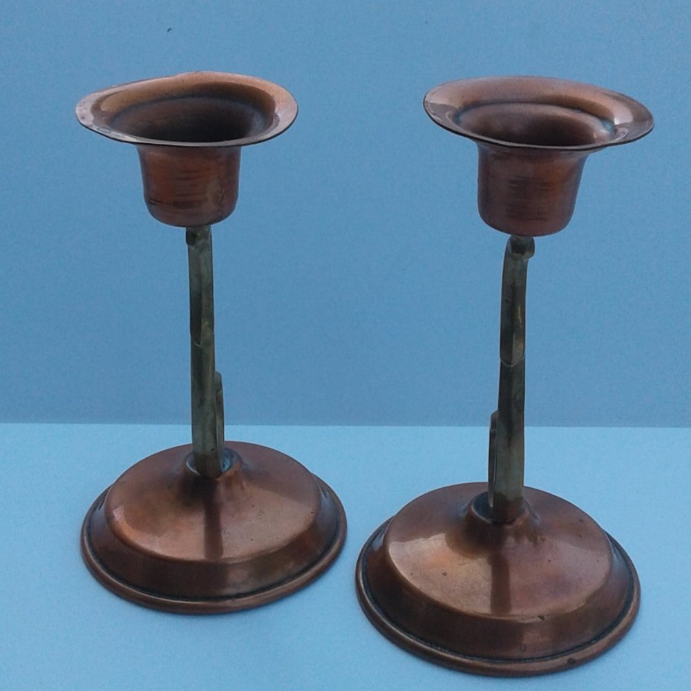 2 Brass & Copper candle sticks solid brass & copper 6" high 3" base BOXED 1LB